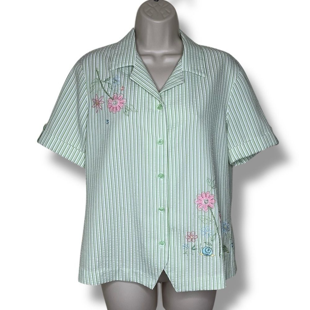 Alfred Dunner Seersucker Green Stripe Embroidered Beaded Short Sleeve Women 8
